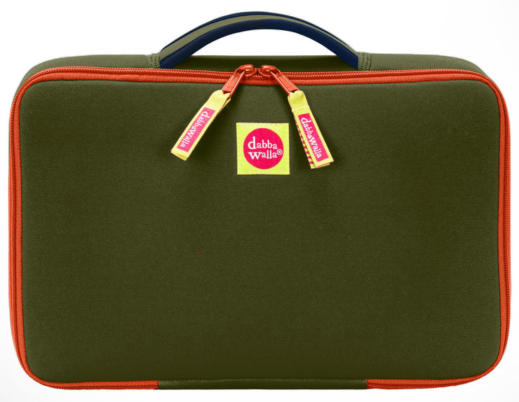DabbaWalla Machine Washable Bento Lunch Bag- Dark Olive/Red Trim