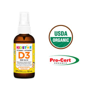 Bottle of KidStar Vitamin D3 with USDA Organic and Pro-Cert Organic logos on a white background