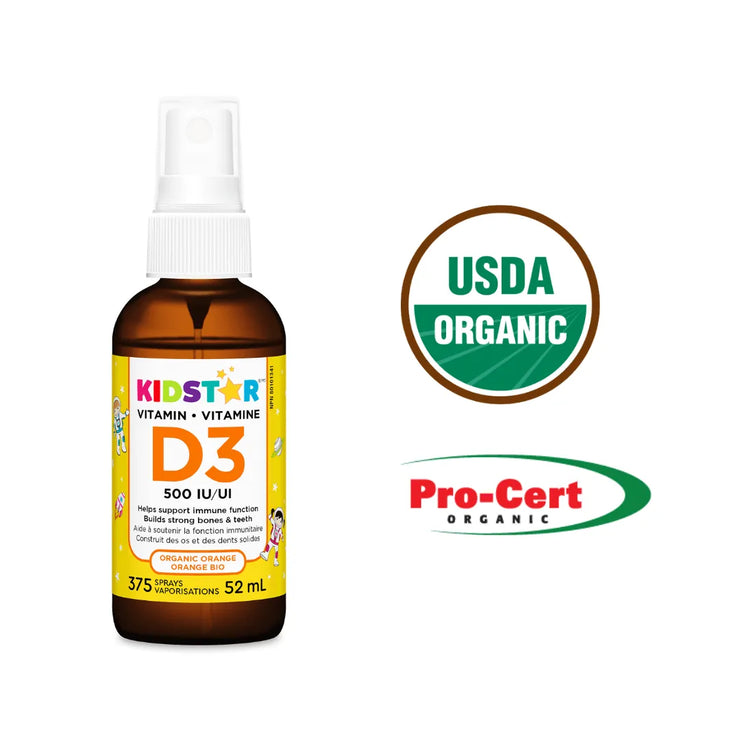 Bottle of KidStar Vitamin D3 with USDA Organic and Pro-Cert Organic logos on a white background