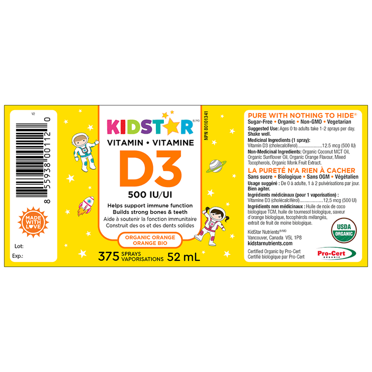 Label of Kidstar Vitamin D3 supplement on a yellow background