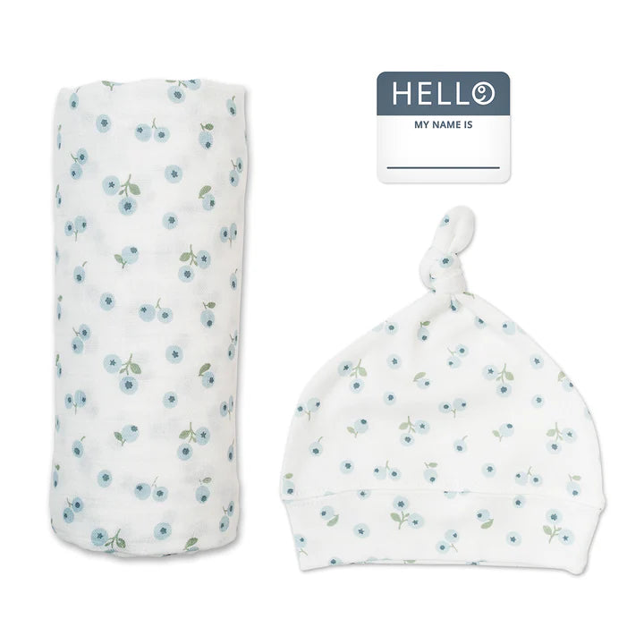 Lulujo 3pc Hello World Blanket and Knotted Hat - Blueberries