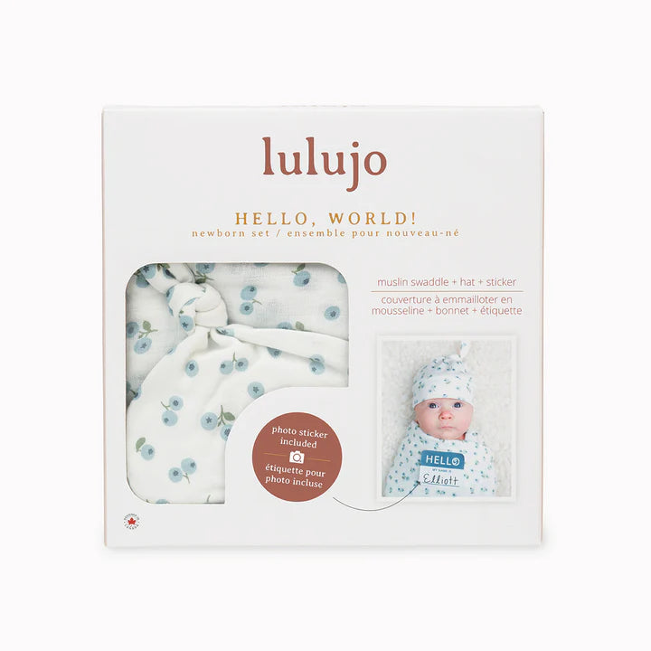 Lulujo 3pc Hello World Blanket and Knotted Hat - Blueberries