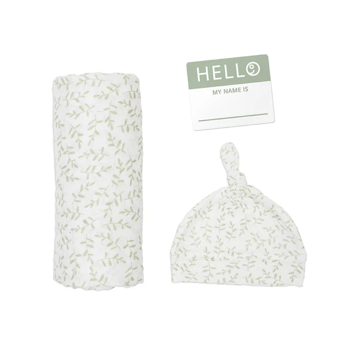 Lulujo 3pc Hello World Blanket and Knotted Hat - Greenery