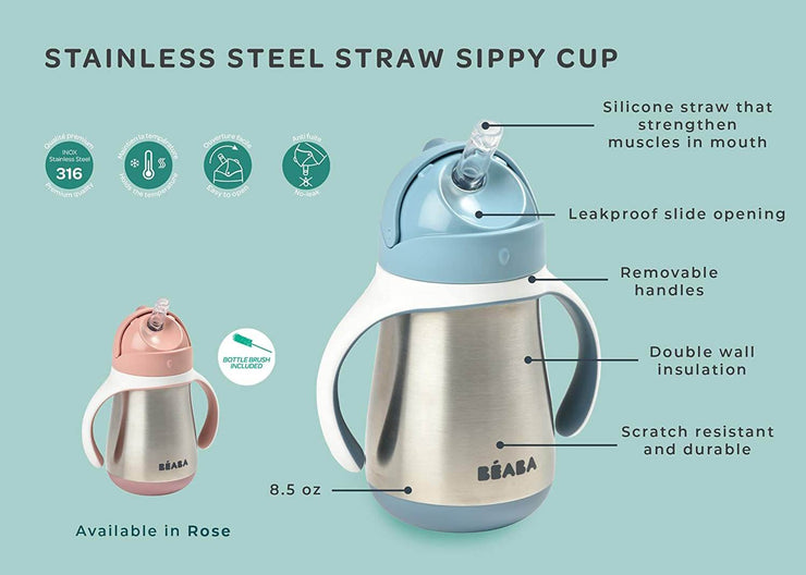 Beaba Stainless Steel Straw Cup with Handles - Rose