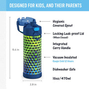 Insulated water bottle with geometric pattern and features listed on a blue and gray background