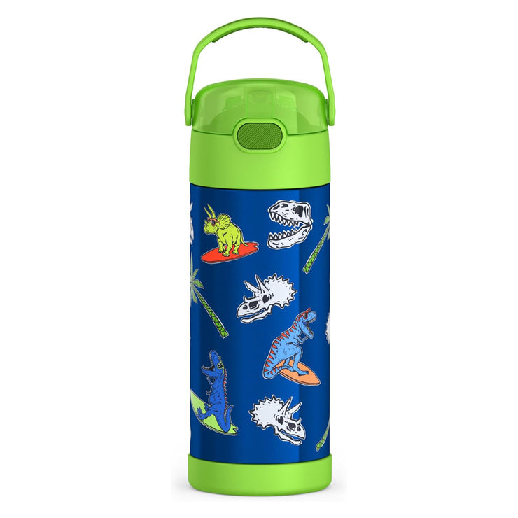 Children's water bottle with dinosaur design on a blue background