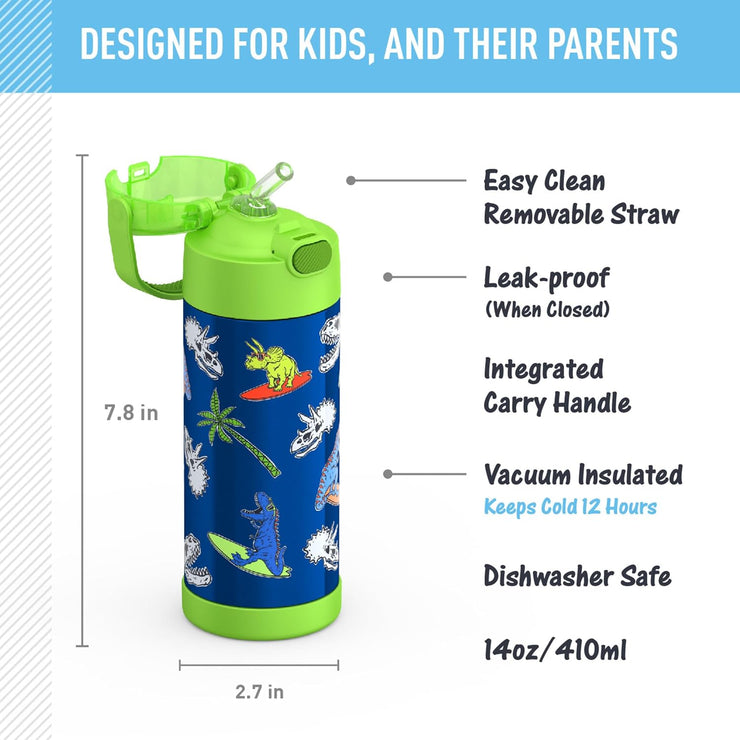 Children's water bottle with dinosaur design, features listed, and dimensions on a white background.