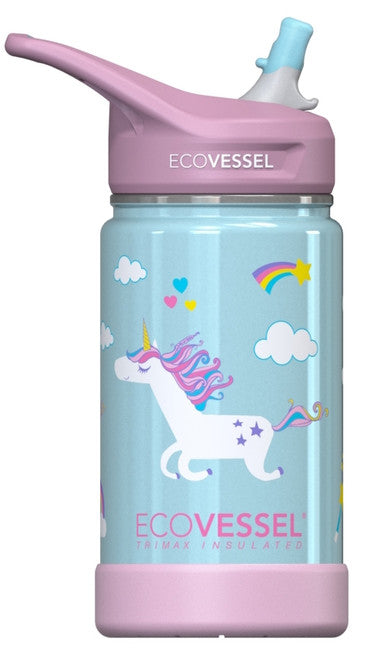 EcoVessel Insulated Stainless Steel 12oz Water Bottle with Straw - Unicorn
