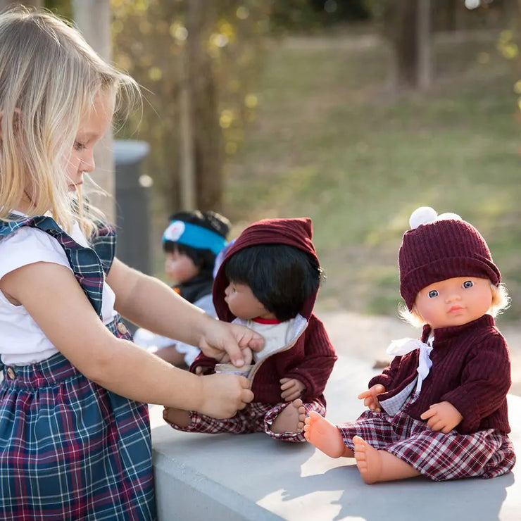Miniland 15 inch Baby Doll Maroon Dress and Cardigan