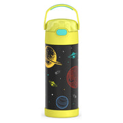Thermos bottle with space-themed design and yellow lid on a white background