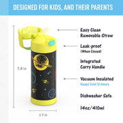 Yellow and black water bottle with features listed on a blue and white background