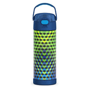 Colorful water bottle with geometric pattern on a white background