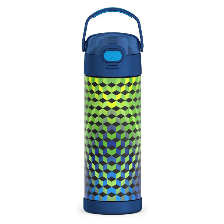 Colorful water bottle with geometric pattern on a white background