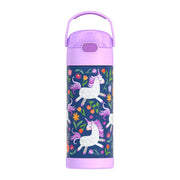 Children's water bottle with unicorn design and purple lid on a white background