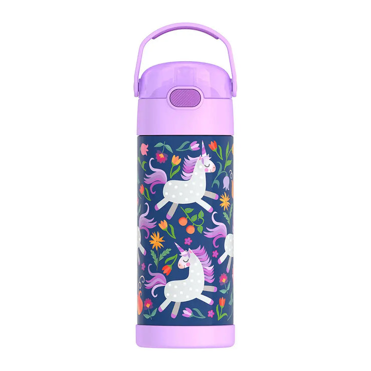 Children's water bottle with unicorn design and purple lid on a white background