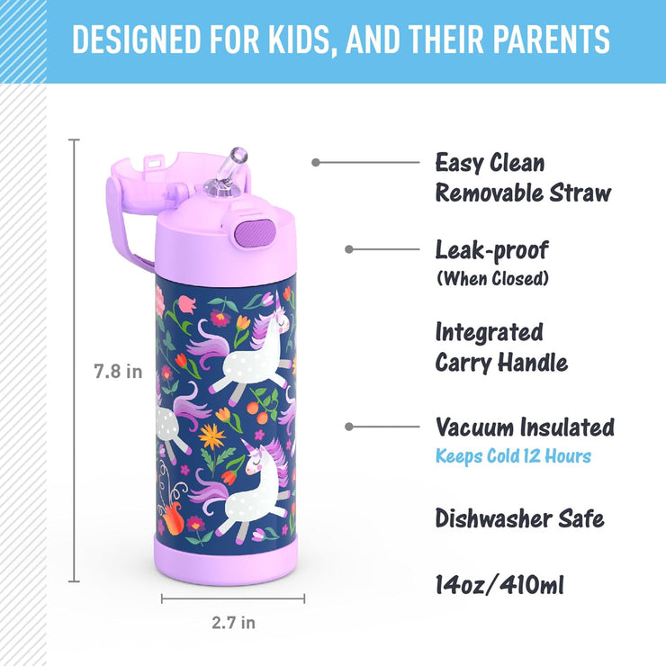 Unicorn-themed water bottle with features listed on a blue and gray background